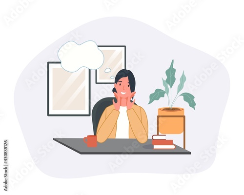 Smiling dreaming woman working at home isolated on white background. Happy dreamy character with thought bubble. Vector illustration concept