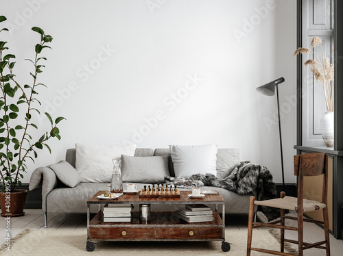 Scandinavian living room interior background, wall mockup, 3d render