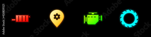 Set Car muffler, Location with car service, Check engine and tire wheel icon. Vector