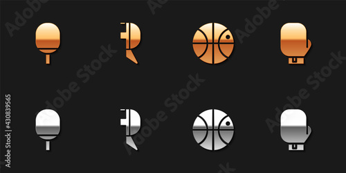 Set Racket for playing table tennis, Fencing helmet mask, Basketball ball and Boxing glove icon. Vector