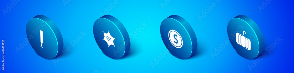 Set Isometric Baseball bat, Coin money with dollar, Pumpkin and Hexagram sheriff icon. Vector Set Isometric Baseball bat, Coin money with dollar, Pumpkin and Hexagram sheriff icon. Vector