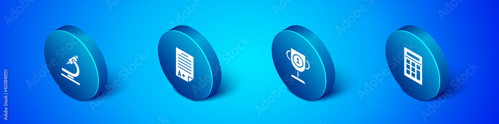 Set Isometric Microscope, Award cup, Calculator and Exam sheet with plus grade icon. Vector Set Isometric Microscope, Award cup, Calculator and Exam sheet with plus grade icon. Vector
