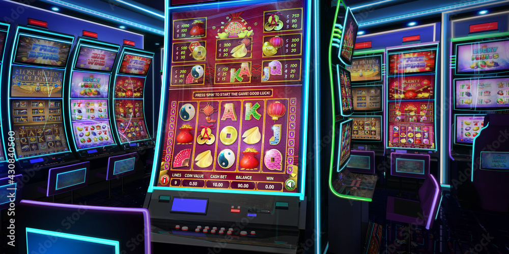 Close view of an Asian-themed video slot game on a slot machine with curved display and neon lights at the casino playroom. 3D rendered illustration