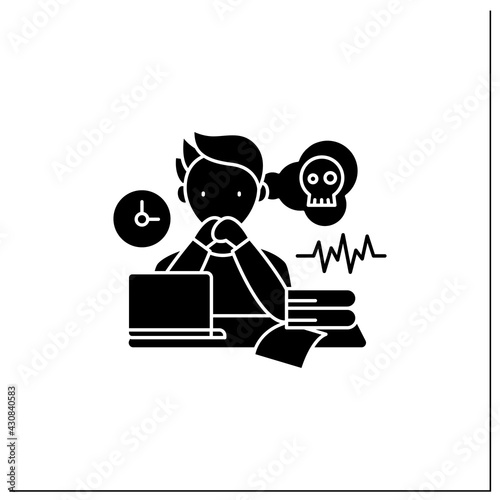 Worrier procrastinator glyph icon.Do not start important, difficult tasks. Unbelieve to do it.Scared about results.Procrastination concept.Filled flat sign. Isolated silhouette vector illustration