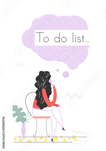 To do list. The woman sitting on a chair trying to create a succesful to do list. Simple flat vector design.