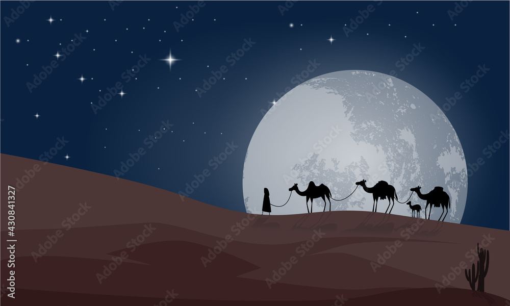 Camel caravan silhouette on a desert at night with the gigantic moon and stars in the background