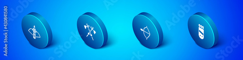 Set Isometric Battle crossbow with arrow, Medieval and, Quiver arrows and Crossed medieval axes icon. Vector