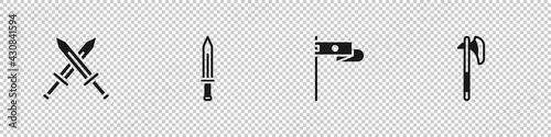 Set Crossed medieval sword, Medieval, flag and axe icon. Vector