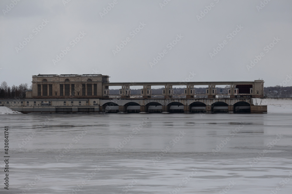 View of the dams of the hydroelectric power station in Uglich in the spring.
