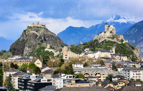 Sion town in in the Alps mountains valley, Valais, Switzerland photo