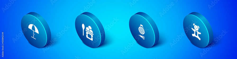 Set Isometric Sun protective umbrella, Classic dart board and arrow, Teddy bear plush toy and Ice cream in bowl icon. Vector