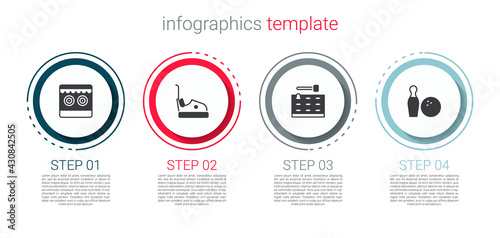 Set Shooting gallery, Bumper car, Arcade game machine and Bowling pin and ball. Business infographic template. Vector