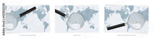 Blue Abstract World Maps with magnifying glass on map of Togo with the national flag of Togo. Three version of World Map.
