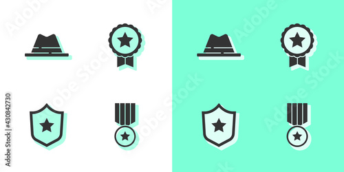 Set Medal with star, Man hat ribbon, Police badge and icon. Vector