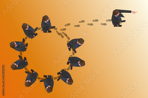 Concept de l’innovation avec un homme qui prend le leadership en montrant la voie à suivre à ses collaborateurs qui tourne en rond.