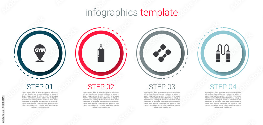 Set Location gym, Punching bag, Dumbbell and Jump rope. Business infographic template. Vector Set Location gym, Punching bag, Dumbbell and Jump rope. Business infographic template. Vector