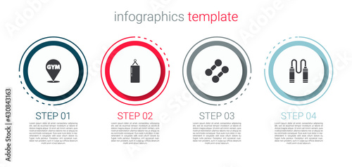 Set Location gym, Punching bag, Dumbbell and Jump rope. Business infographic template. Vector