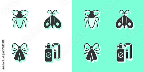 Set Pressure sprayer, Cockroach, Clothes moth and Butterfly icon. Vector