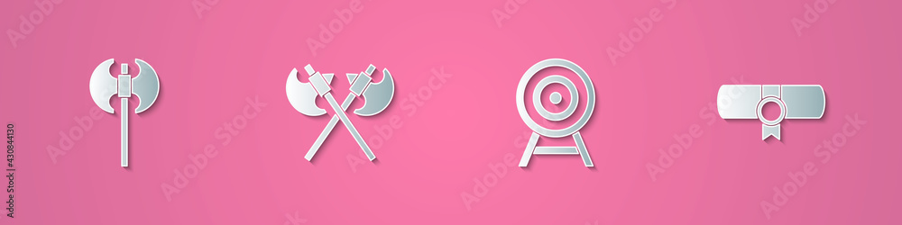 Set paper cut Medieval axe, Crossed medieval axes, Target with arrow and Decree, parchment, scroll icon. Paper art style. Vector Set paper cut Medieval axe, Crossed medieval axes, Target with arrow and Decree, parchment, scroll icon. Paper art style. Vector