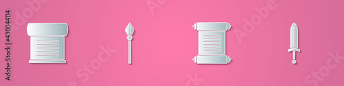 Set paper cut Decree, parchment, scroll, Medieval spear, and sword icon. Paper art style. Vector