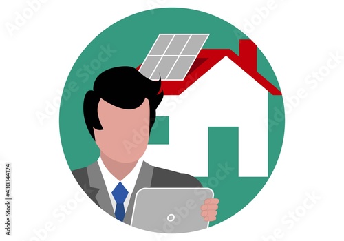 Agente inmobiliario con traje gris y una casa con placas solares de fondo y dentro de un círculo verde. Propietario de una vivienda