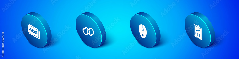 Set Isometric Advertising, Computer mouse, Clipboard with graph chart and Chain link icon. Vector Set Isometric Advertising, Computer mouse, Clipboard with graph chart and Chain link icon. Vector