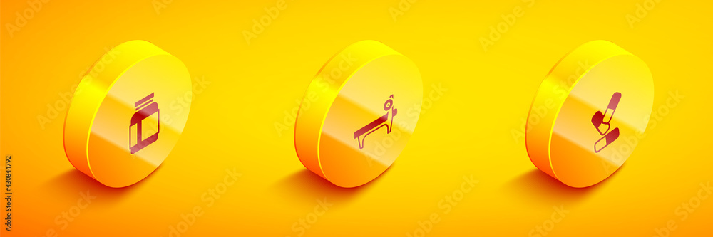 Set Isometric Sports nutrition, Bench with barbel and Vitamin pill icon. Vector