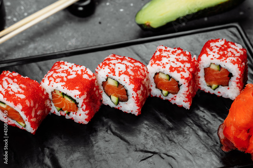 California sushi style rolls, with raw vegetables, food border background
