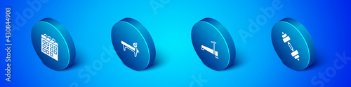 Set Isometric Calendar fitness, Treadmill machine, Dumbbell and Bench with barbel icon. Vector