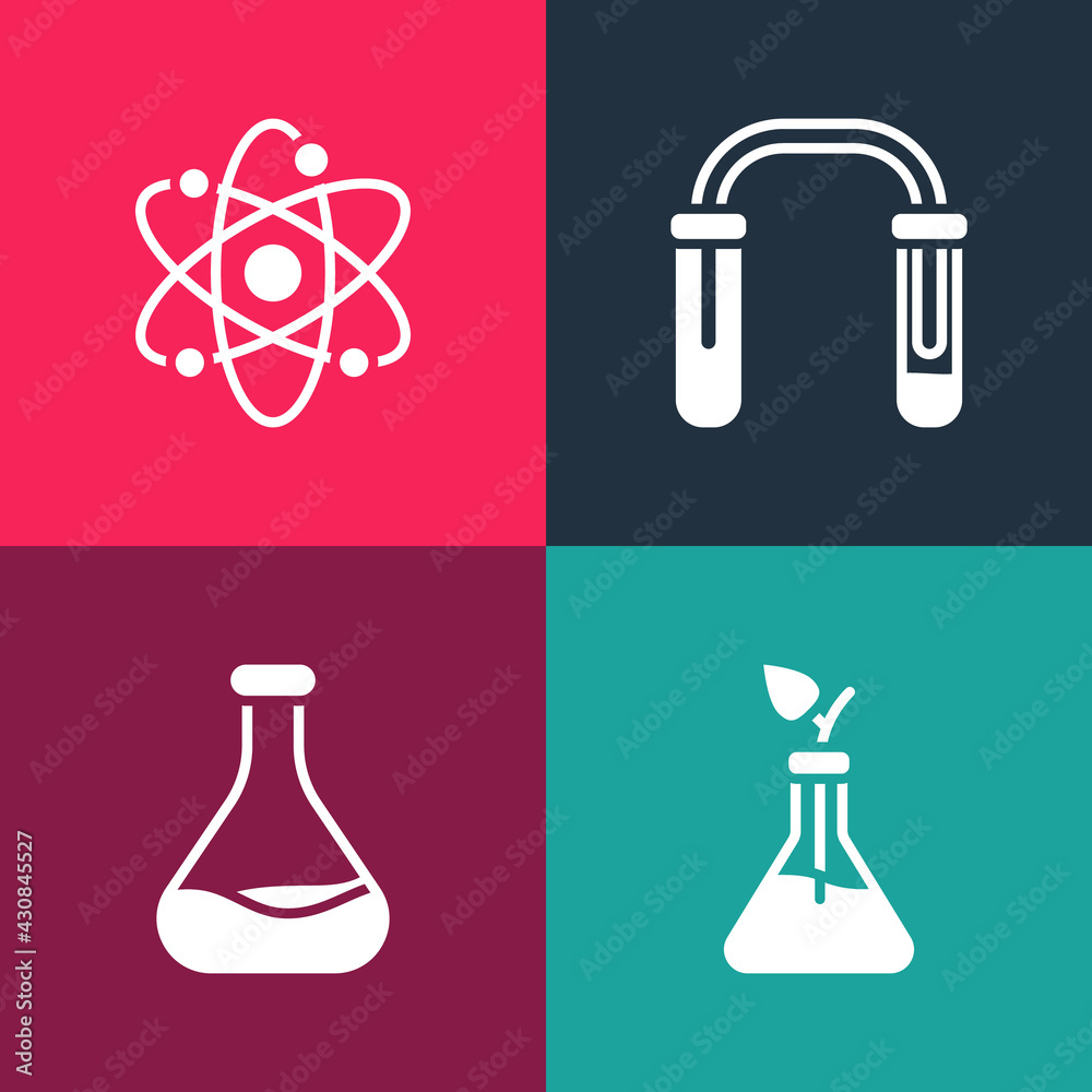 Set pop art Plant breeding, Test tube and flask, and Atom icon. Vector Set pop art Plant breeding, Test tube and flask, and Atom icon. Vector