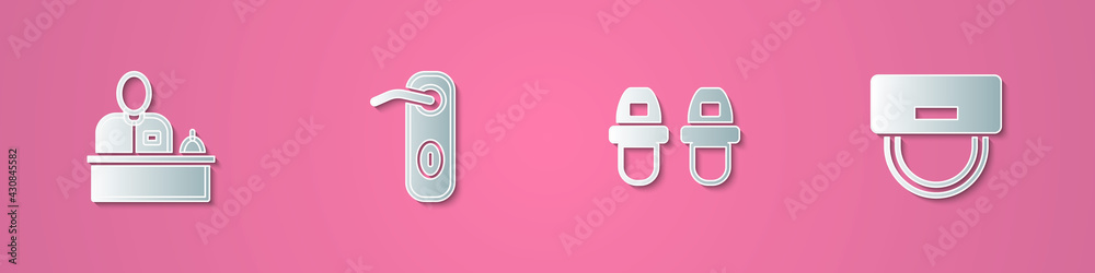 Set paper cut Hotel reception desk, Door handle, slippers and Bellboy hat icon. Paper art style. Vector