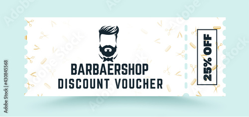 Discount coupon, barbershop barbershop gift certificate template. 25% discount white coupon mockup