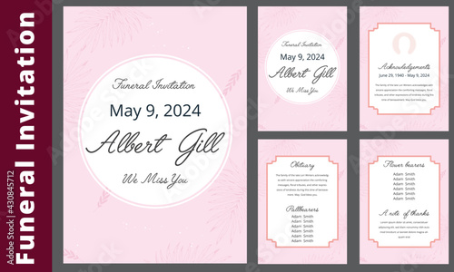 Floral memorial and funeral invitation card template design, cherry blossom and leaves, blue and brown tones. Botanical memorial and funeral invitation card template design, white lilies with black an
