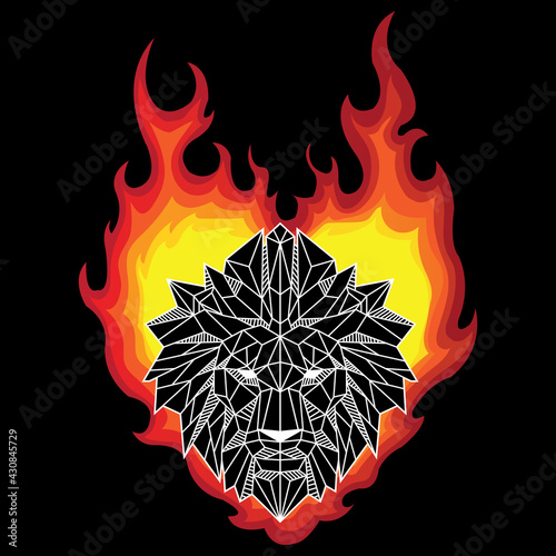 Abstract Black And White Color Low Polygon Lion Head On Burning Flames