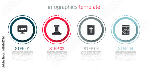 Set Location law, Stamp, Holy bible book and Evidence bag and bullet. Business infographic template. Vector