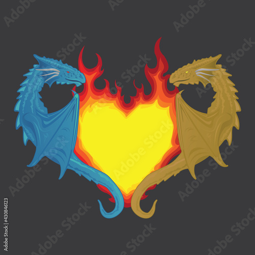 Two dragon holding on to the heart which is in the form of a burning flame