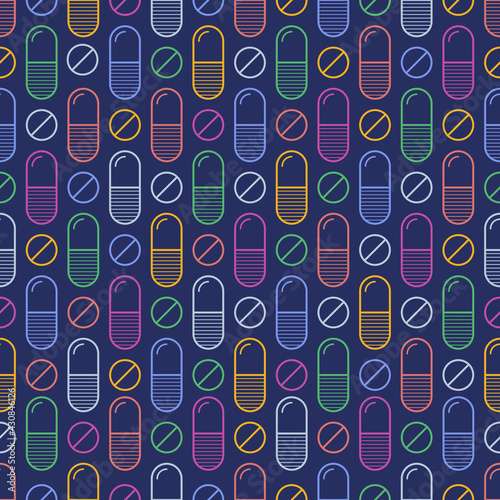 Vector seamless pattern with color pills, tablets, capsules, isolated on blue background. Medical preparations. Linear style design. Color illustration.