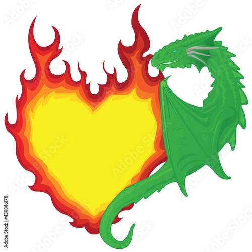 Single dragon holding on to the heart in the form of a burning flame