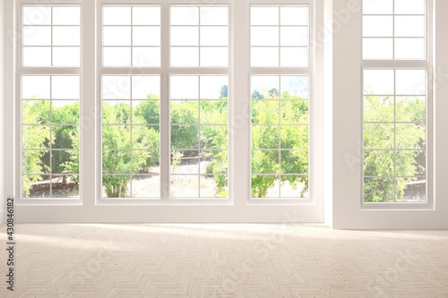 White empty room with summer landscape in window. Scandinavian interior design. 3D illustration