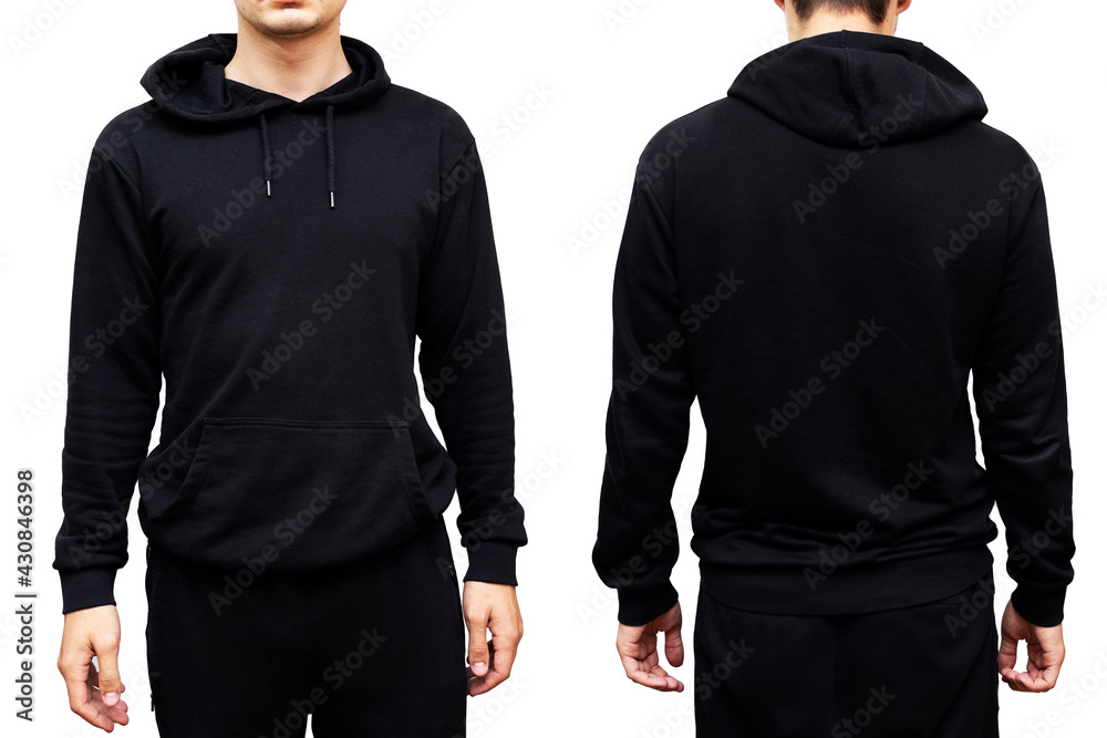 Man wearing black hoodie, isolated on white background. Frond and back  view. foto de Stock | Adobe Stock