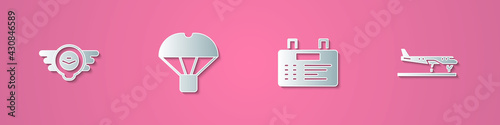 Set paper cut Aviation emblem, Box flying parachute, Airport board and Plane icon. Paper art style. Vector