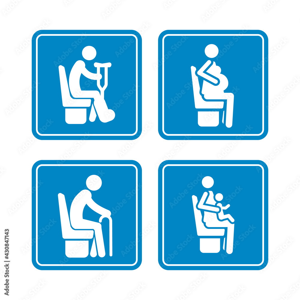 Set of detailed blue icons of priority seats on the white background ...