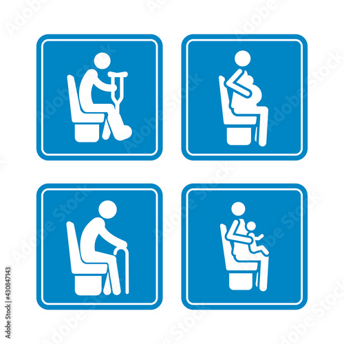Set of detailed blue icons of priority seats on the white background