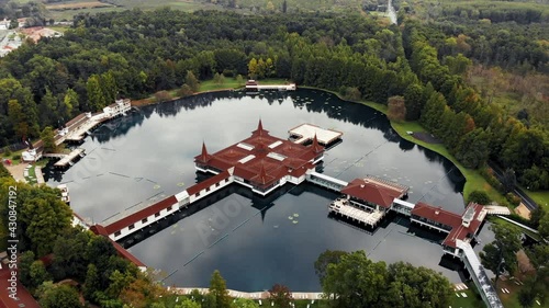 Aerial 4k drone video of the thermal lake Heviz in Hungary