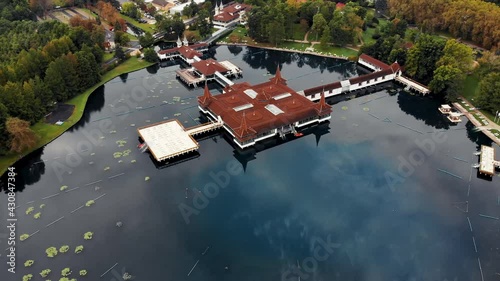 Aerial 4k drone video of the thermal lake Heviz in Hungary