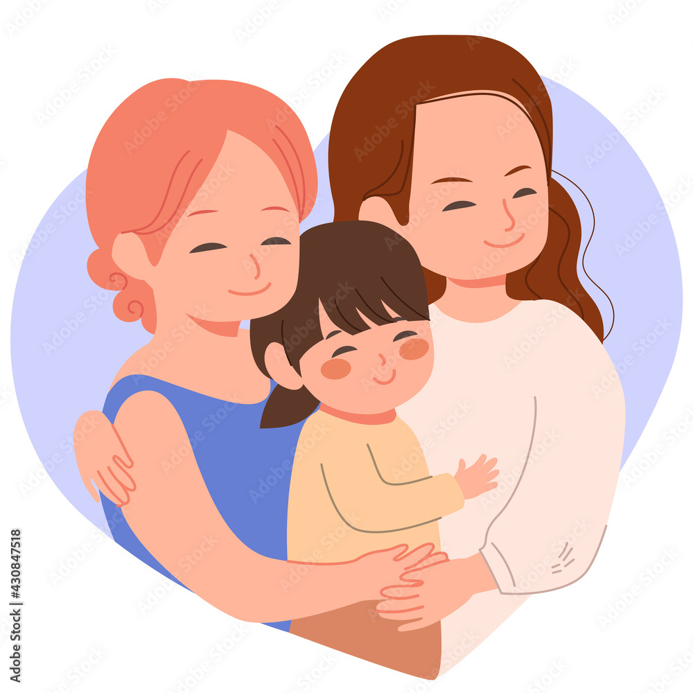 Cute homosexual lesbian couple family hugging, happy baby girl with two moms Cute homosexual lesbian couple family hugging, happy baby girl with two moms