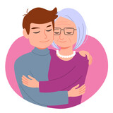 Young adult man son hugging senior mother love family concept