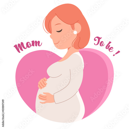 Beautiful young pregnant woman with Mom To Be text on pink heart shape background