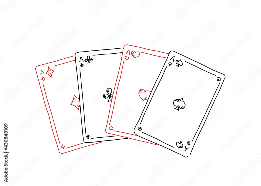 Obraz premium Four of a kind. Poker quads. Four aces. Good luck in the game. Playing cards. Hand drawn sketch line.
