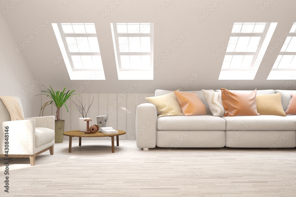 White living room with sofa. Scandinavian interior design. 3D illustration White living room with sofa. Scandinavian interior design. 3D illustration